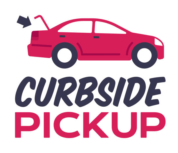 Curbside Pickup or Touchless Contactless Delivery Open for delivery curbside pickup delivery offering vehicle or car with trunk open sign. curb stock illustrations