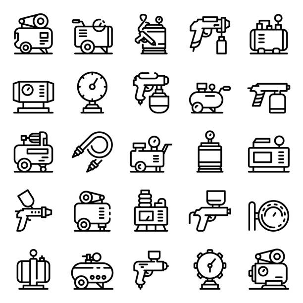 Air compressor icons set, outline style Air compressor icons set. Outline set of air compressor vector icons for web design isolated on white background gas compressor stock illustrations