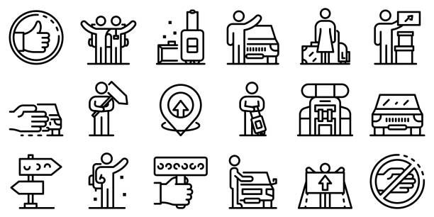 Hitchhiking icons set, outline style Hitchhiking icons set. Outline set of hitchhiking vector icons for web design isolated on white background hitchhiking stock illustrations