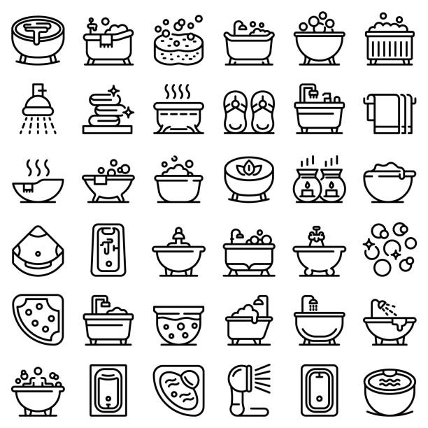 jacuzzi-symbole gesetzt, umriss-stil - whirlpool stock-grafiken, -clipart, -cartoons und -symbole