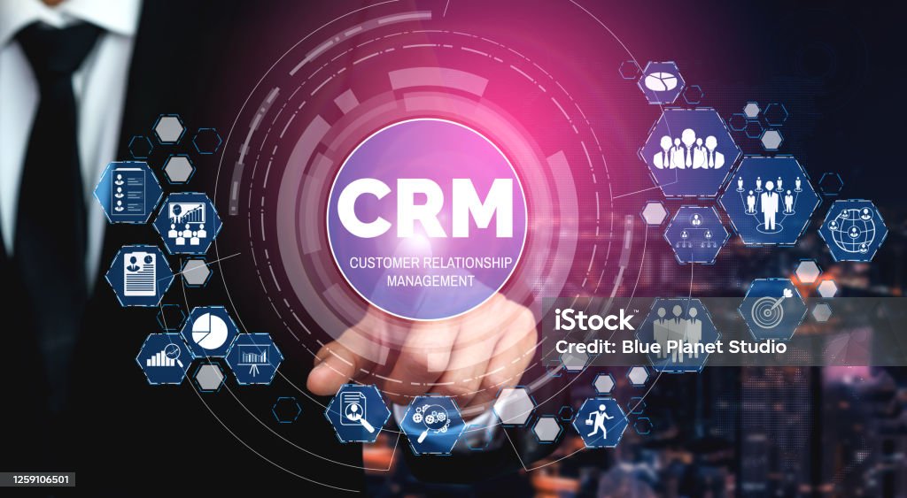 CRM Customer Relationship Management for business sales marketing system concept CRM Customer Relationship Management for business sales marketing system concept presented in futuristic graphic interface of service application to support CRM database analysis. Customer Relationship Management Stock Photo