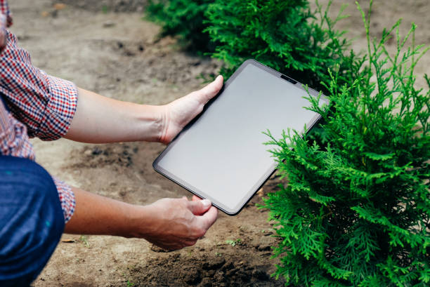 istock Female farmer using digital tablet in garden. Agriculture innovative technology concept 1259106550