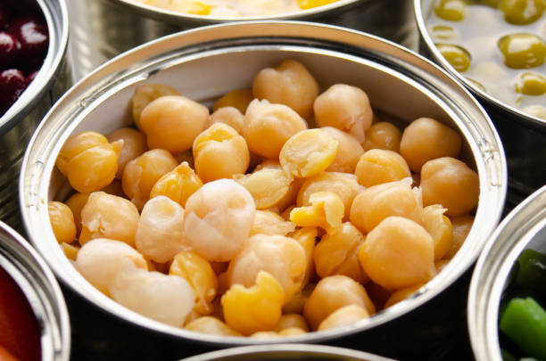 istock Canned chickpeas in just opened tin can. Non-perishable food 1259108610