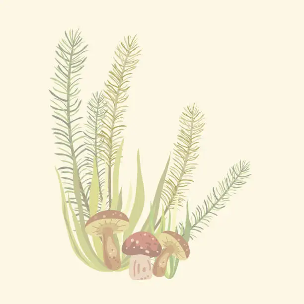 Vector illustration of Pretty Pastel Fall Mushrooms In The Grass