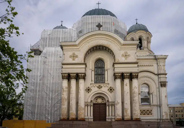 Photo of St. Michael the Archangel's Church or the Garrison Church a Roman Catholic church under renovation in the city of Kaunas, Lithuania