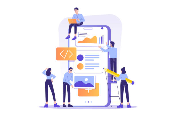 ilustrações de stock, clip art, desenhos animados e ícones de app design and development concept. developers team creating or programming an application for smartphone. isolated modern vector illustration for web banner, poster, ui - programador