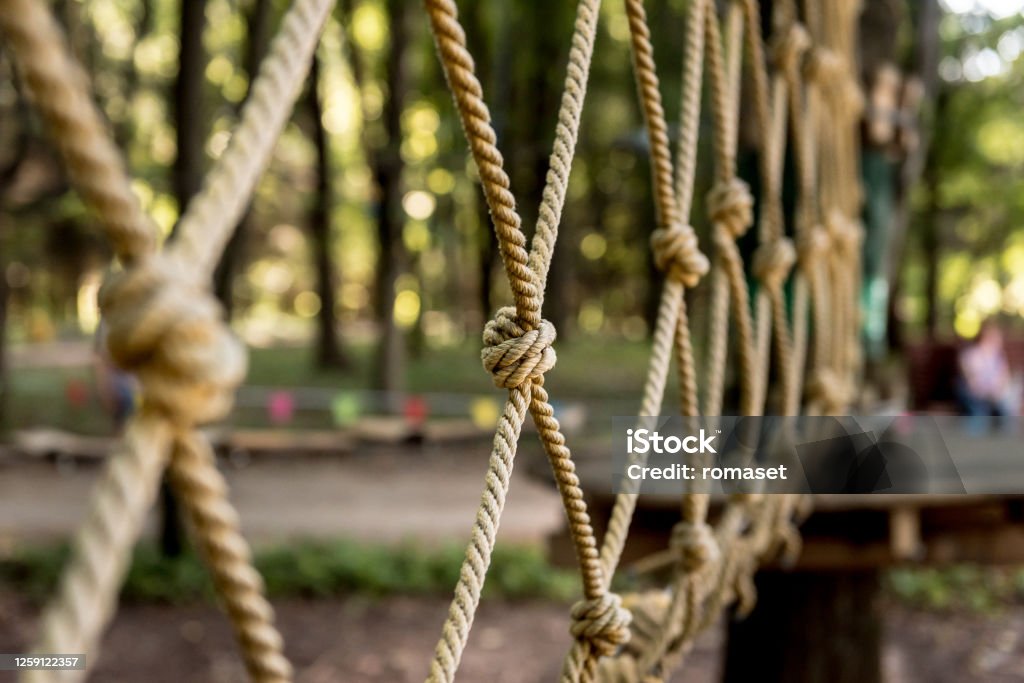 Detail of rope park in a forest. Adventure summer park. Detail of rope park in a forest. Adventure summer park. Nature background Golf Course Stock Photo