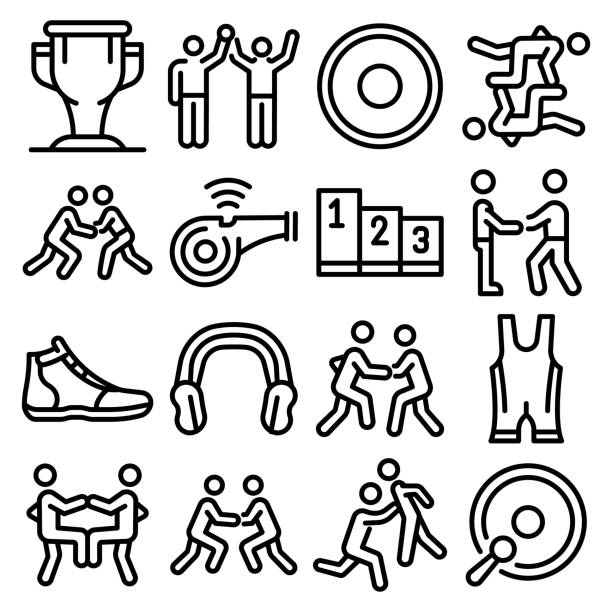 illustrations, cliparts, dessins animés et icônes de ensemble d’icônes de lutte gréco-romaine, style de contour - greco roman