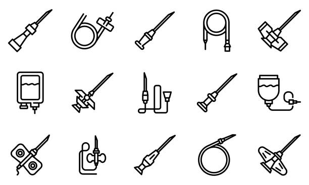 ilustraciones, imágenes clip art, dibujos animados e iconos de stock de conjunto de iconos de catéter, estilo de contorno - infusion needle