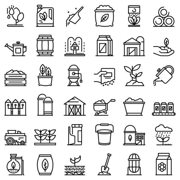 Fertilizer icons set, outline style Fertilizer icons set. Outline set of fertilizer vector icons for web design isolated on white background fertilizer icon stock illustrations