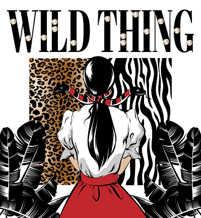 Wild thing. Vector hand drawn illustration of girl with snakes, leopard and zebra print, palm leaved and pearls . Template for card, poster, banner, print for t-shirt, pin, badge, patch.