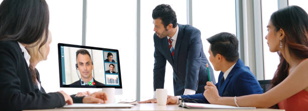 istock Video call group business people meeting on virtual workplace or remote office 1259136345