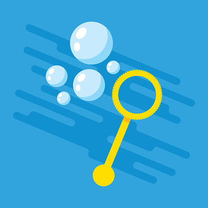Vector illustration of a yellow bubble wand blowing bubbles against a blue background in flat style.