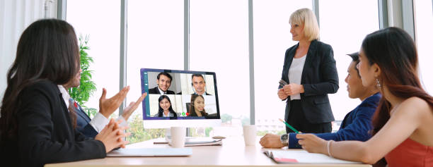 istock Video call group business people meeting on virtual workplace or remote office 1259136418