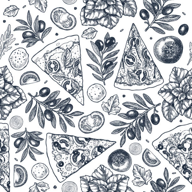 Tasty pizza ingredients background. Linear graphic. Italian pizza elements. Engraved seamless pattern. Vector illustration Tasty pizza ingredients background. Linear graphic. Italian pizza elements. Engraved seamless pattern. cheese texture seamless stock illustrations