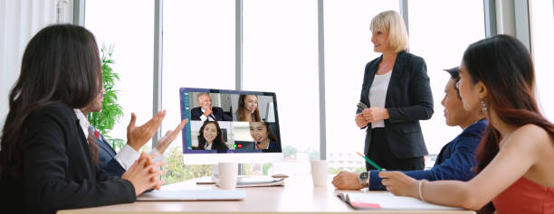 istock Video call group business people meeting on virtual workplace or remote office 1259136460
