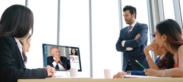 istock Video call group business people meeting on virtual workplace or remote office 1259136494