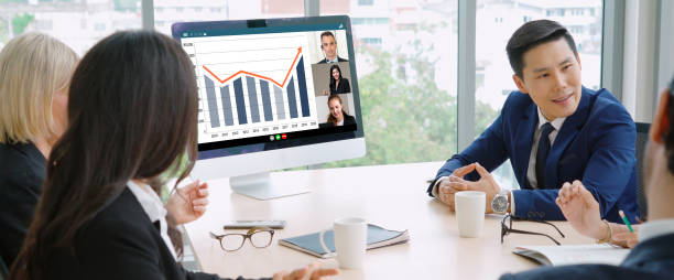 istock Video call group business people meeting on virtual workplace or remote office 1259136554
