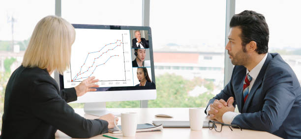istock Video call group business people meeting on virtual workplace or remote office 1259136591