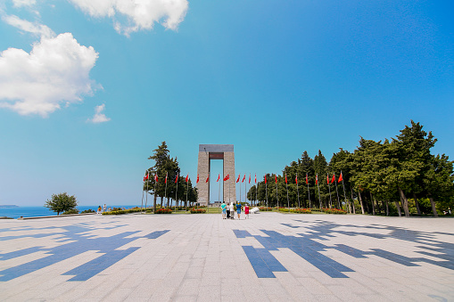 Canakkale / Turkey - 07/10/2018: View of the Martyrs Monument in Çanakkale, Turkey. The work, called Monument, was made for soldiers who were martyred in the battles of Canakkale. Monument is in the Canakkale Strait and is open to visit by local and foreign tourists.