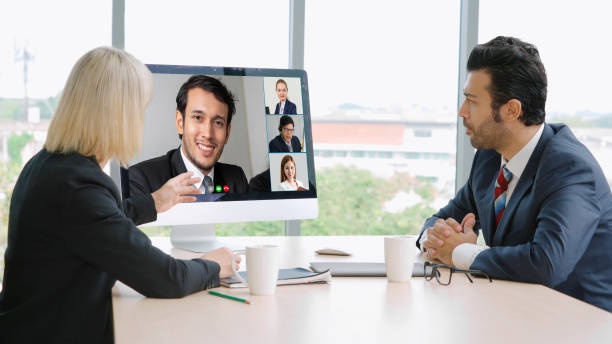 istock Video call group business people meeting on virtual workplace or remote office 1259136732