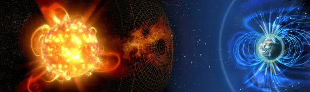 Photo of Earth's magnetic field, the Earth, the sun and solar wind, the flow of particles.  Element of this image is furnished by NASA.