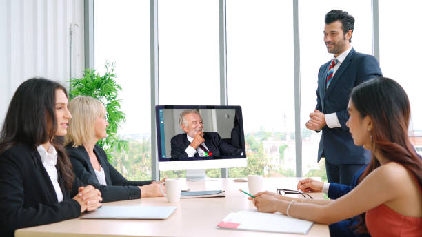 istock Video call group business people meeting on virtual workplace or remote office 1259137775