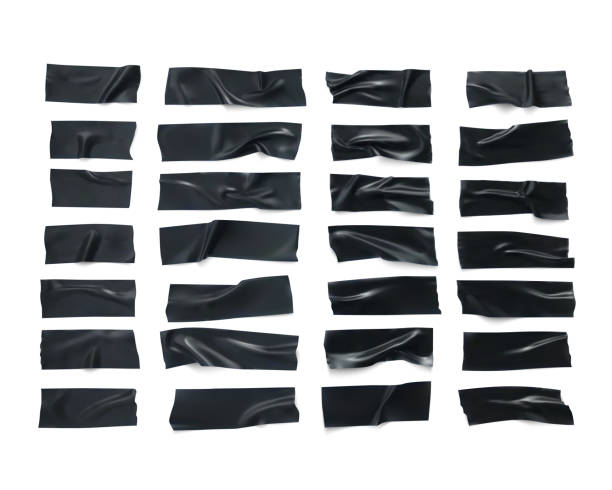 istock Realistic black wrinkled insulating tape strip set. Sticky scotch isolated on white background. Duct tape pieces collection. Vector illustration 1259138844