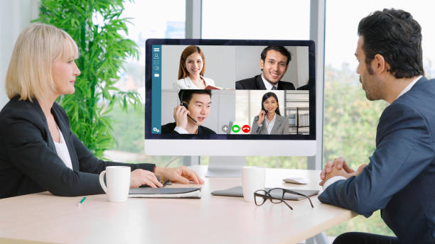 istock Video call group business people meeting on virtual workplace or remote office 1259138865