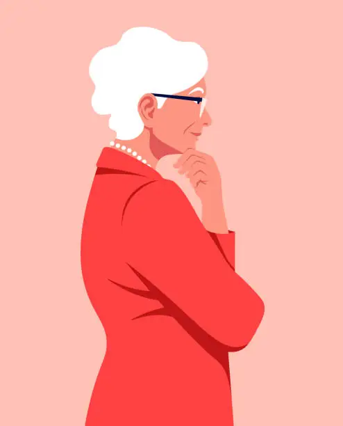 Vector illustration of Portrait of a pensive woman in a profile. An elderly employe is meditating. Side view.