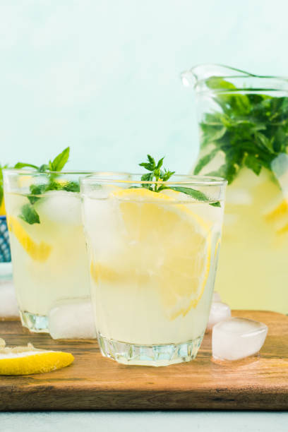 istock Fresh lemon lemonade in jug and glasses 1259148347