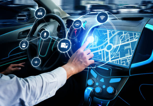 intérieur de voiture sans conducteur avec tableau de bord futuriste pour système de commande autonome - electrical conduit photos et images de collection