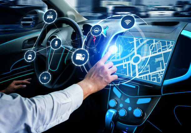 Driverless car interior with futuristic dashboard for autonomous control system Driverless car interior with futuristic dashboard for autonomous control system . Inside view of cockpit HUD technology using AI artificial intelligence sensor to drive car without people driver . vehicle interior stock pictures, royalty-free photos & images