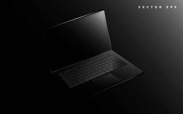 Realistic vector black laptop computer mockup template with blank screen on dark black background. Upper class luxury presentation mock up. black notebook stock illustrations