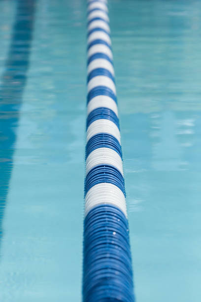 Blue and White Lane Line in Swimming Pool Blue and white swim lane lines float on an outdoor pool. swimming pool lane ropes stock pictures, royalty-free photos & images