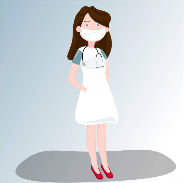 illustrazioni stock, clip art, cartoni animati e icone di tendenza di dottore, con una maschera e un'uniforme medica. operatore medico in ospedale. - nurse standing white background beauty