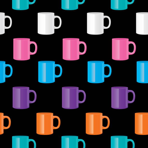 Shiny Coffee Mugs Seamless Pattern Vector S=seamless pattern of shiny coffee mugs on a black background. food sample cups stock illustrations