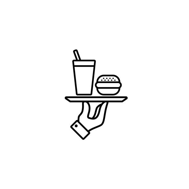 Hand holding tray with fast food. Line icon. Burger, hamburger and soda takeaway. Vector on isolated white background. EPS 10 Hand holding tray with fast food. Line icon. Burger, hamburger and soda takeaway. Vector on isolated white background. EPS 10. lunch clipart stock illustrations