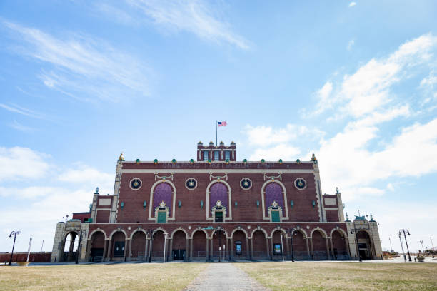 Asbury Park, New Jersey, USA - October 5, 2016: Daytime view of the front entrance to the historic Asbury Park Convention Hall located on the boardwalk and on the beach adjacent to the Paramount Theatre