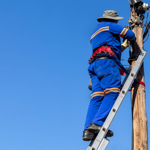 istock Stepladder holding an african American electrician on a pole 1259161818