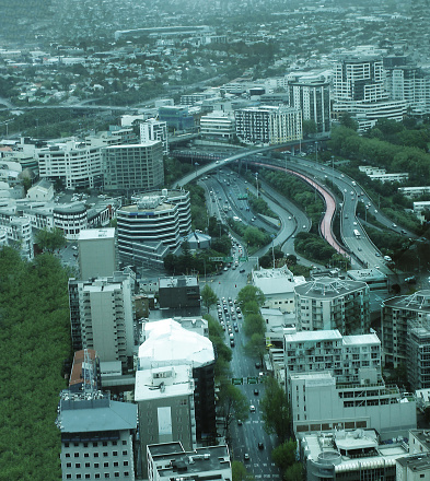 Aerial view of downtown with it's winding roads and pedestrian paths, Auckland New Zealand