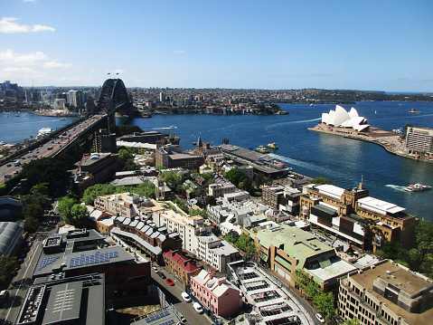 Aerial view of Sydney harbour bridge and Opera house,\