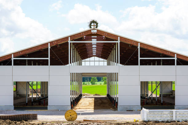 construction of a new metal frame construction cattle barn construction of a new modern metal frame construction cattle barn sandwich panel photos stock pictures, royalty-free photos & images