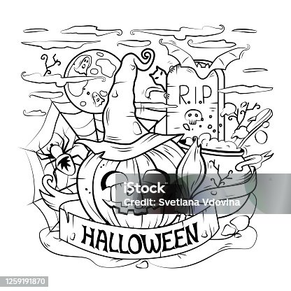istock Cartoon vector outline illustration of a happy Halloween. Linear art, detailed. All objects are separated. Vector. Coloring book, background. 1259191870