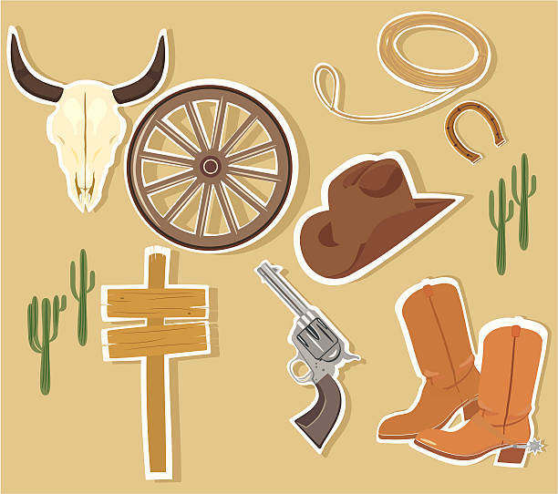 illustrazioni stock, clip art, cartoni animati e icone di tendenza di vettore elementi ovest selvaggio west - wagon wheel