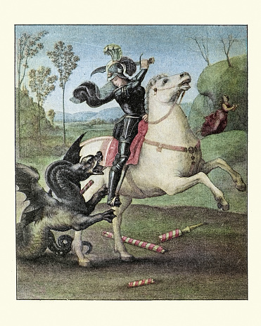 Vintage illustration of St. George and the Dragon, after Raphael