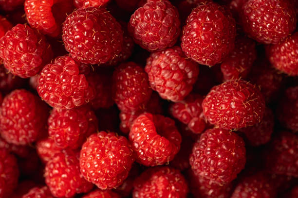 Fresh and sweet organic raspberries background, top view