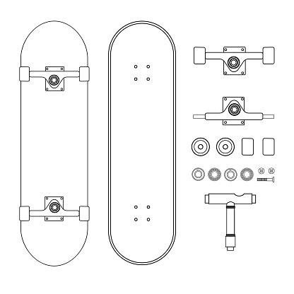 Vector flat line drawn set collection of skateboard parts isolated on white background