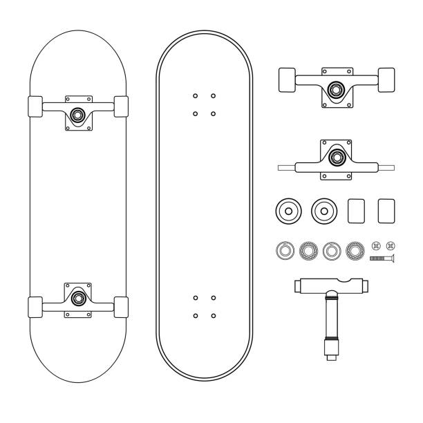 Vector flat line drawn set collection of skateboard parts Vector flat line drawn set collection of skateboard parts isolated on white background skateboard stock illustrations