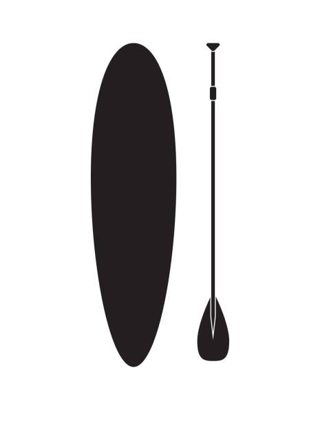 illustrazioni stock, clip art, cartoni animati e icone di tendenza di logo icona nera piatta vettoriale della tavola da surf stand up paddle - oar